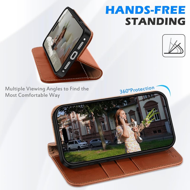 SHIELDON Genuine Leather Wallet Case for iPhone 17 Pro Max 6.9-inch 2025 | Flip | Magnetic Cover | RFID Blocking Credit Card Holder | Kickstand | Shock-Absorbent Case | Retro Brown - Image 5